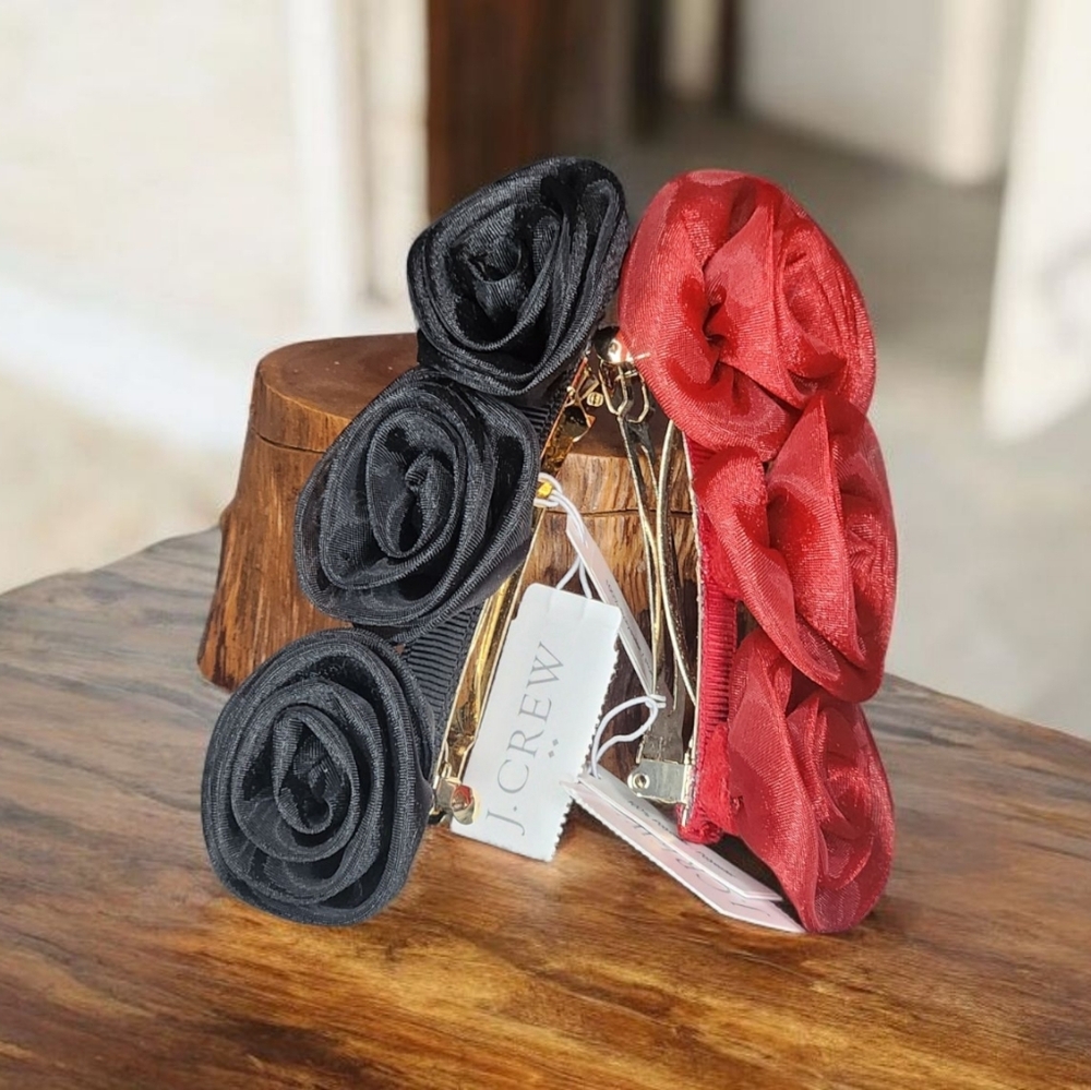 2 J Crew Barrette Hair Clips | Black And Dark Red Roses | Holiday Christmas NEW